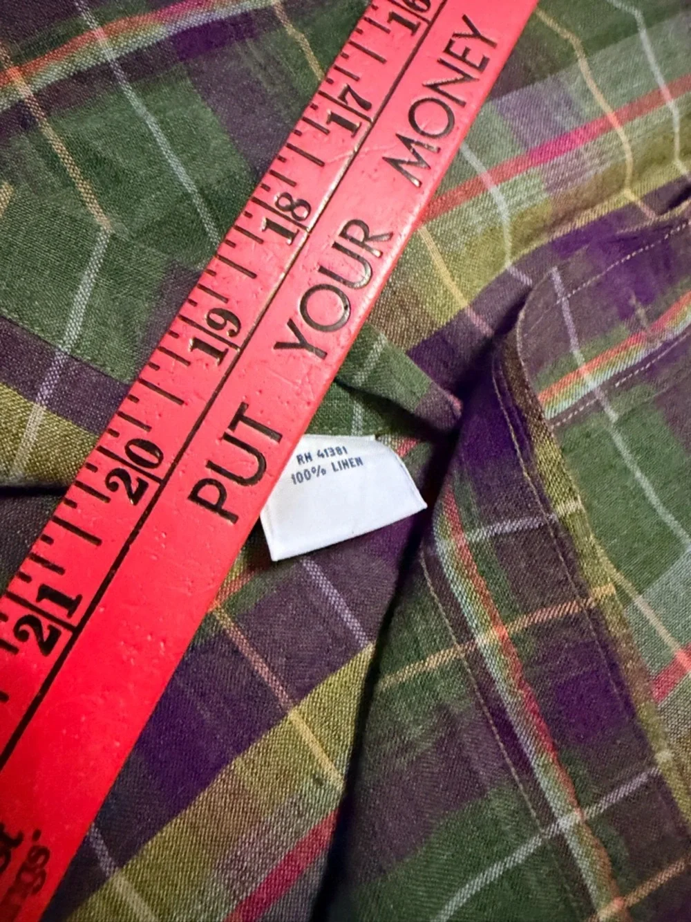 100% Linen Polo by Ralph Lauren Olive and Purple Plaid Button-Down Shirt